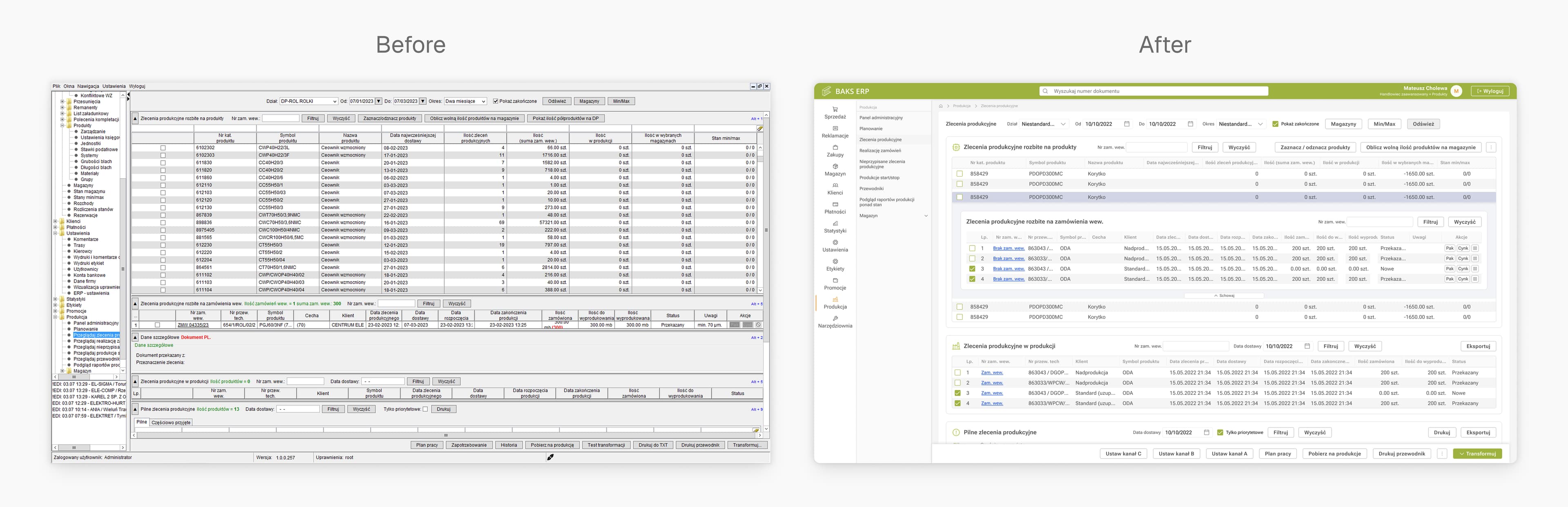 Before and after comparison of the ERP interface