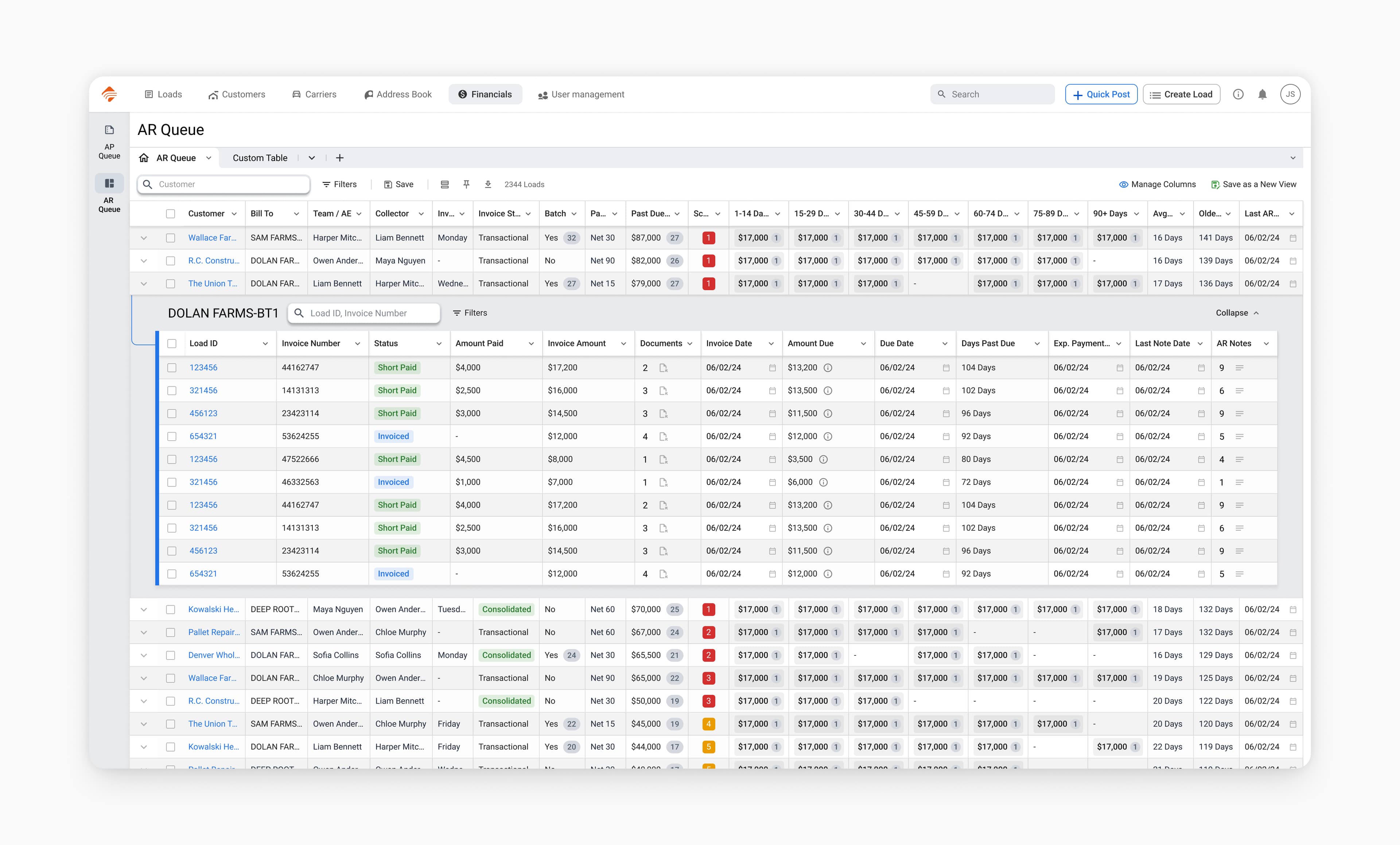 AR Queue — financial tracking screen
