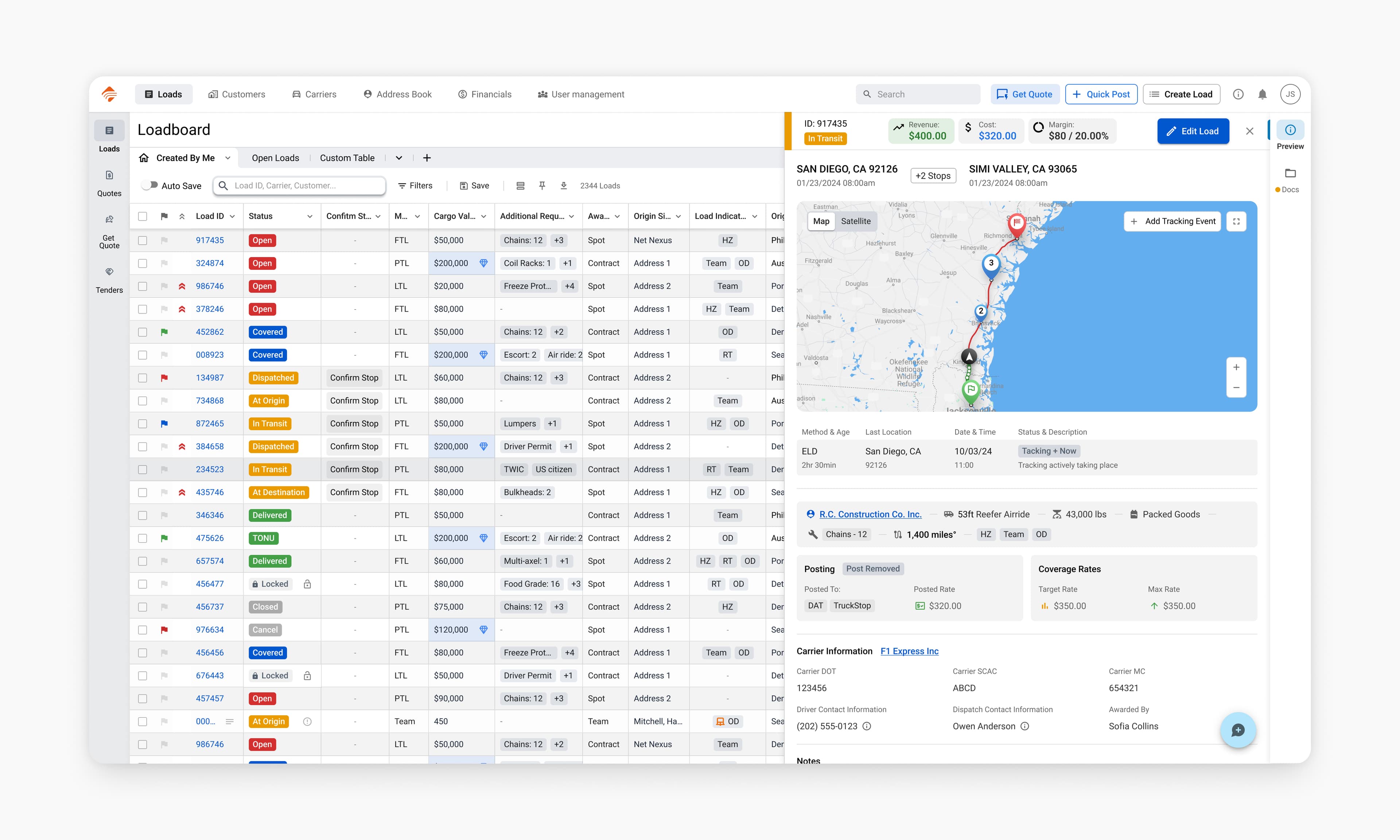 Loadboard with Load Preview panel