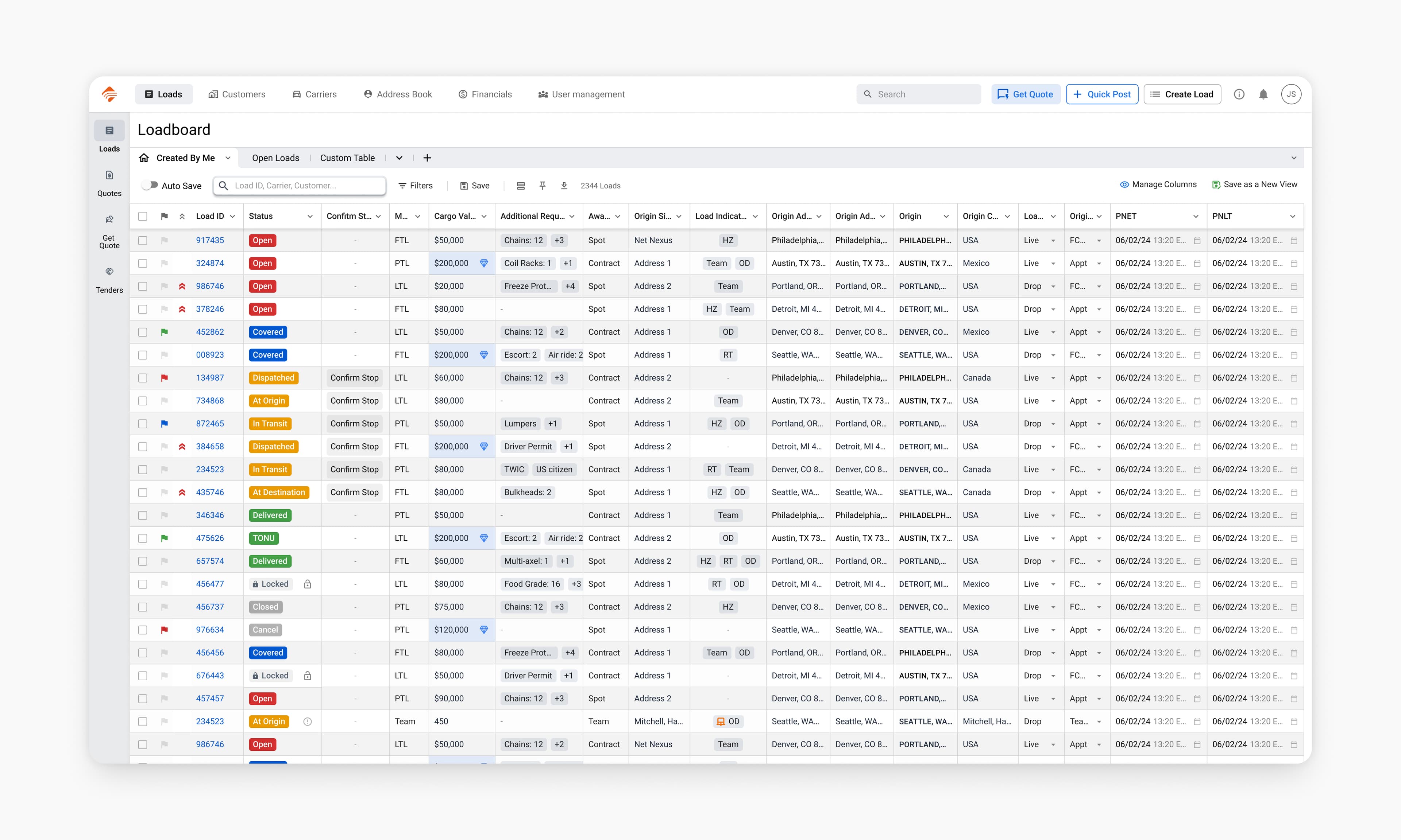Loadboard — load management table