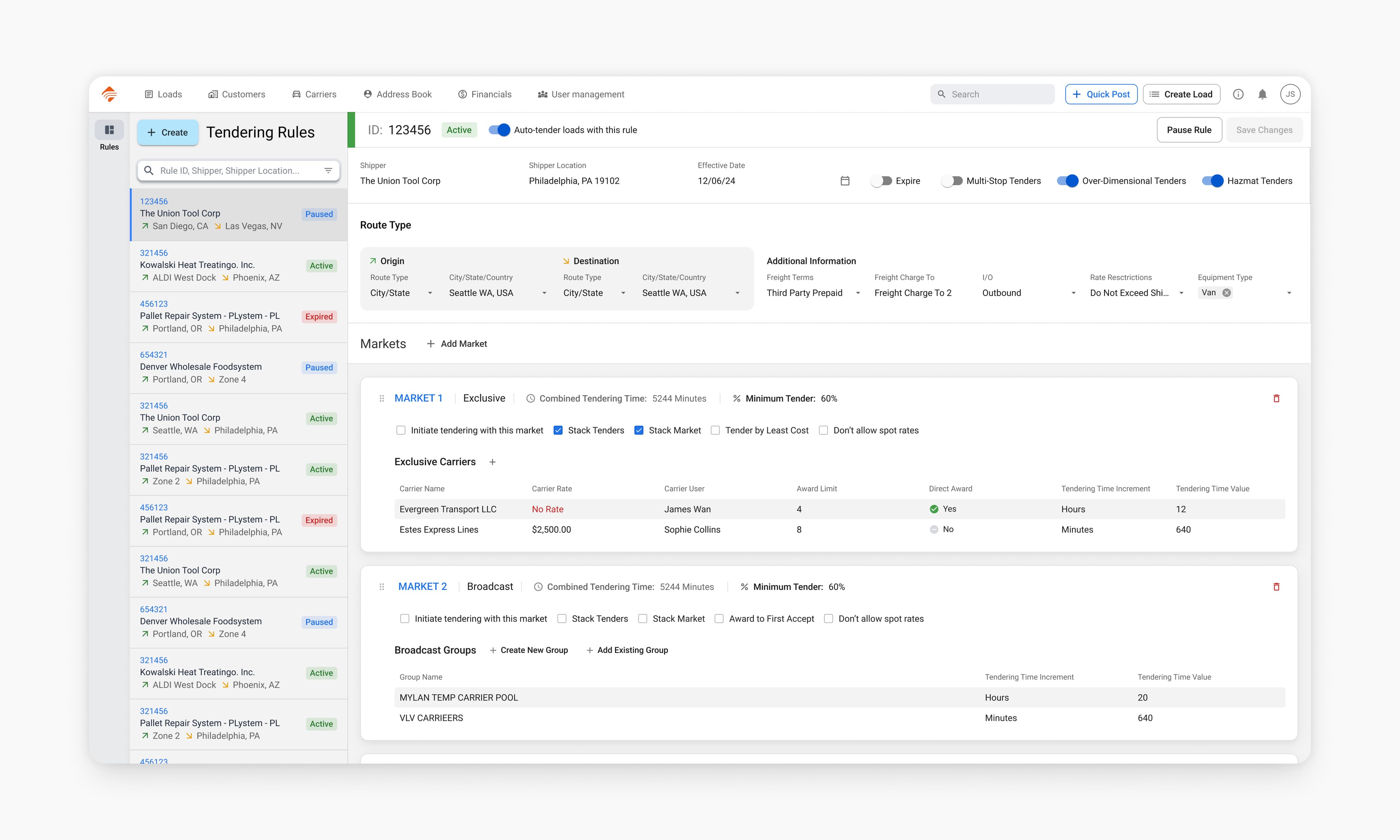 Tendering Rules screen