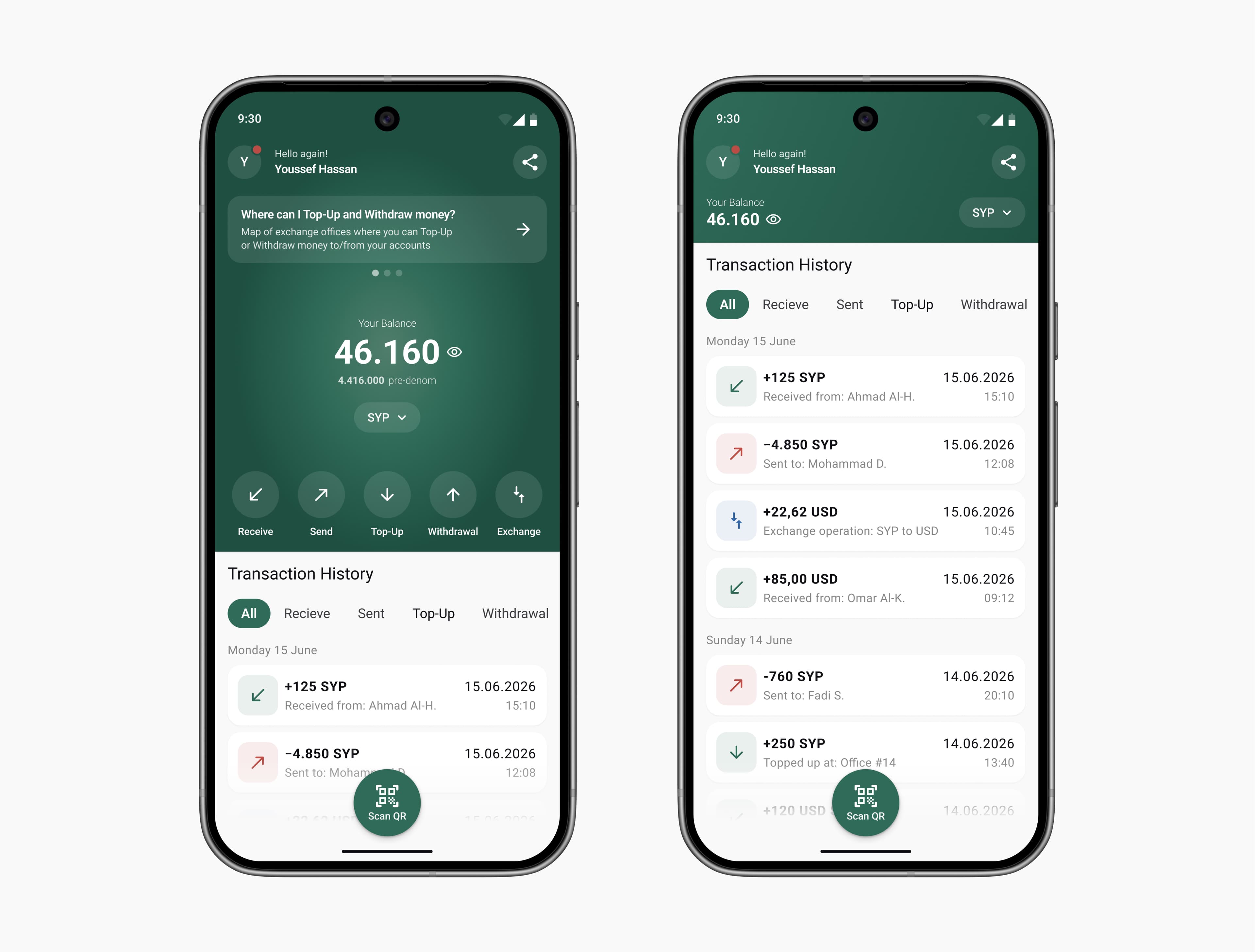 Home dashboard and transaction history