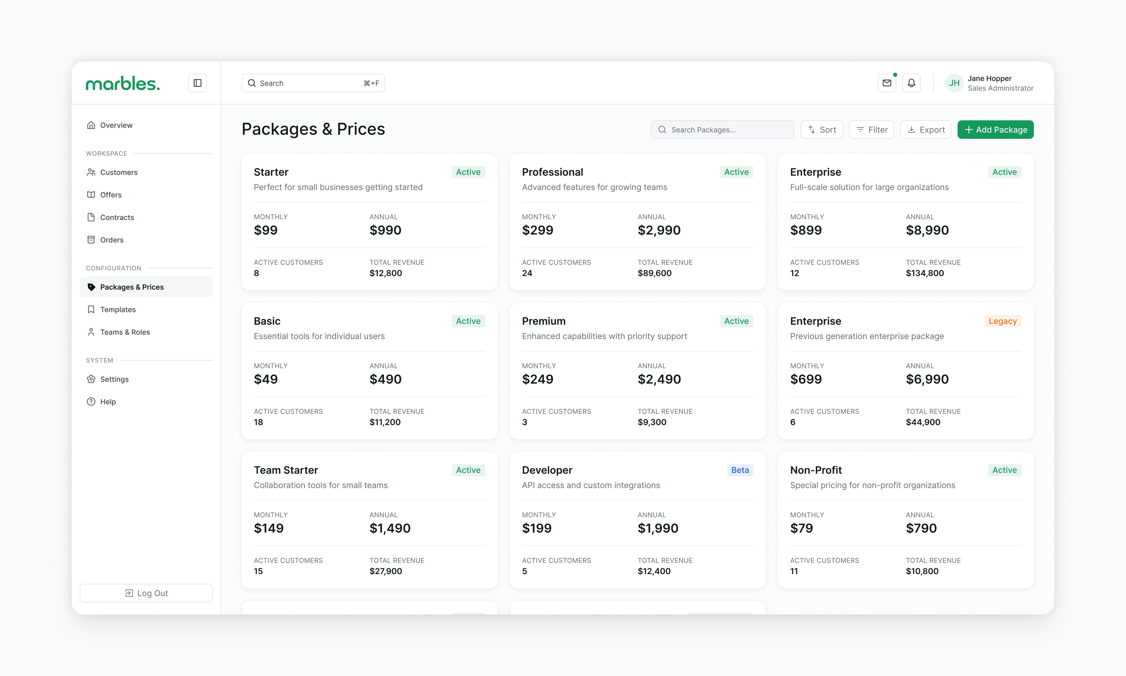 Packages & Prices configuration